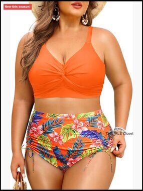 Plus Size High Waisted Bikini Set Twist Front Tummy Control Drawstring